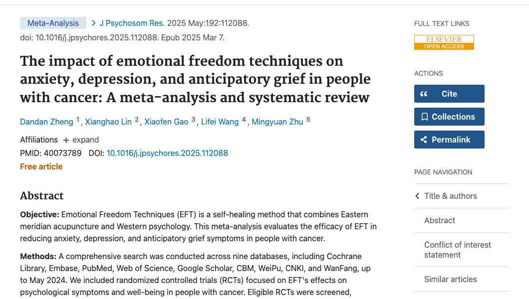 Title and abstract of The impact of emotional freedom techniques on anxiety, depression, and anticipatory grief in people with cancer: A meta-analysis and systematic review.