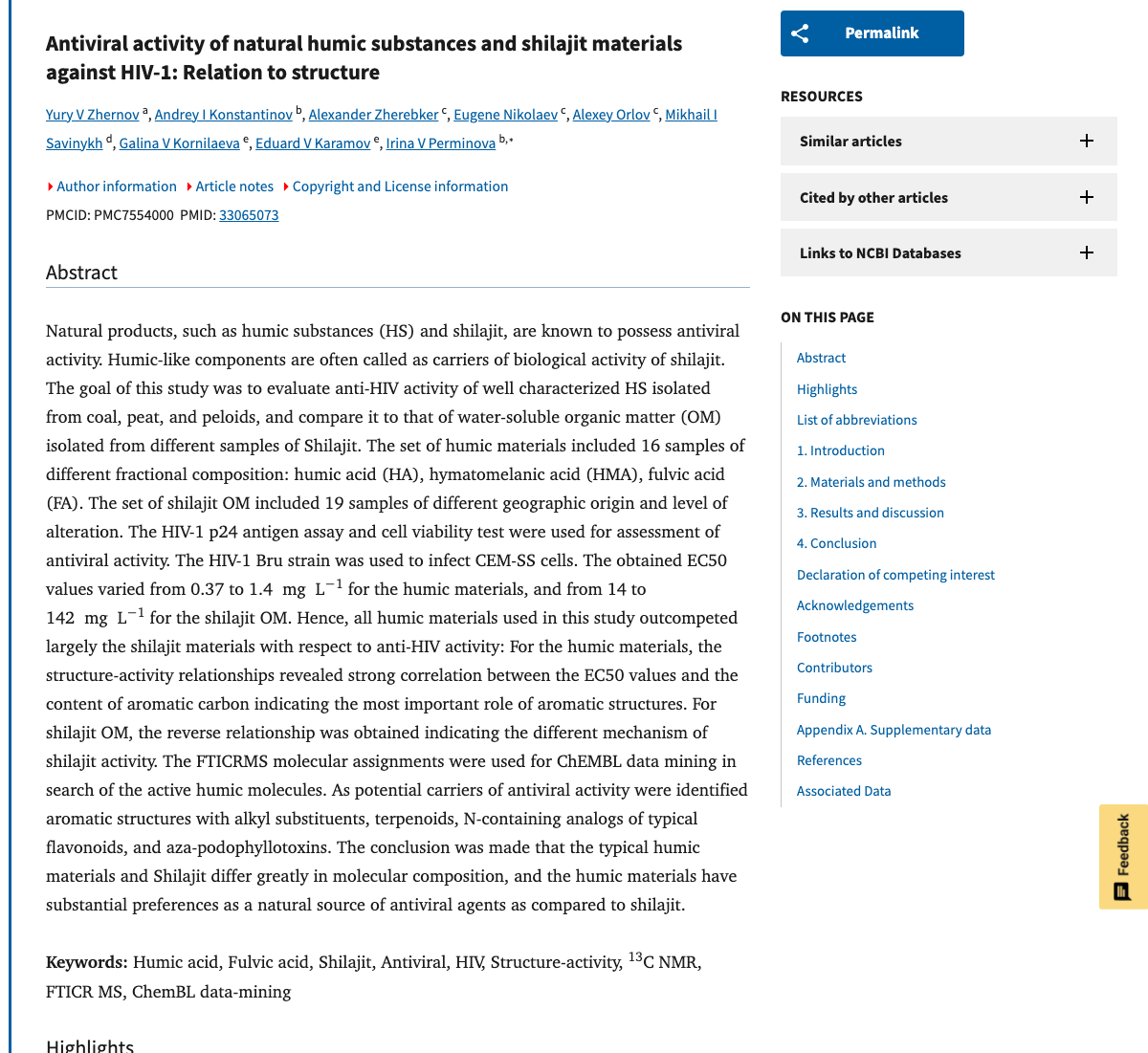 Title and abstract of Antiviral activity of natural humic substances and shilajit materials against HIV-1: Relation to structure