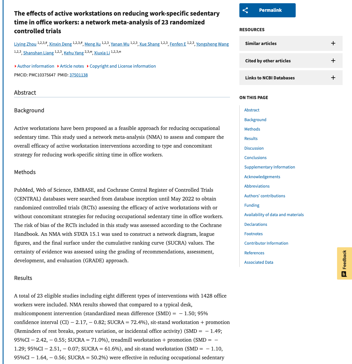 Title and abstract of The effects of active workstations on reducing work-specific sedentary time in office workers: a network meta-analysis of 23 randomized controlled trials.