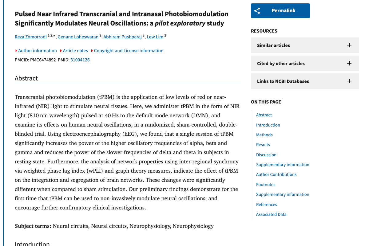 Title and abstract of Pulsed Near Infrared Transcranial and Intranasal Photobiomodulation Significantly Modulates Neural Oscillations